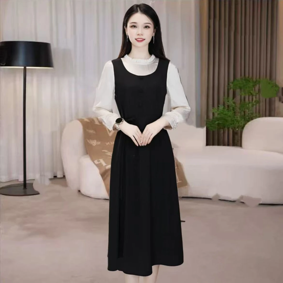 【连衣裙】显瘦气质长袖洋气假两件时尚条纹小香风显瘦中长款裙子