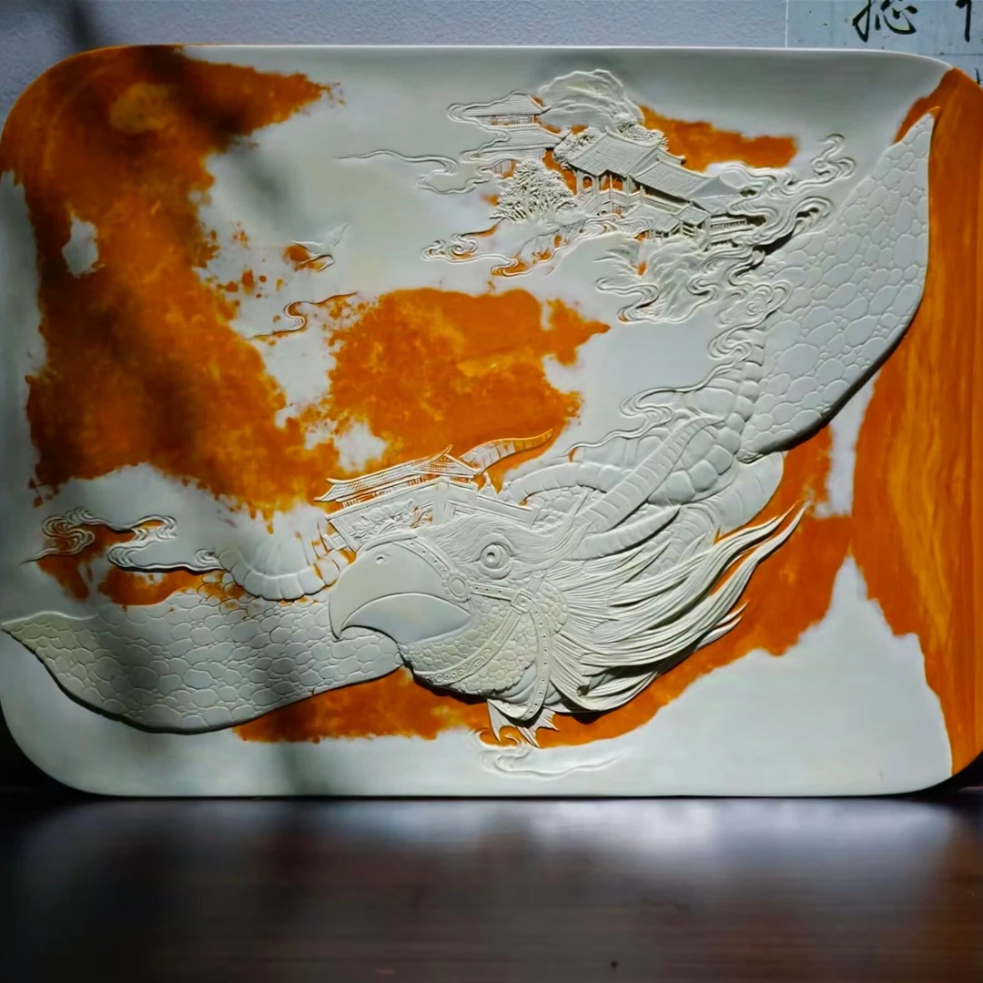 千石手工雕刻神兽鲲鹏松花石金包玉茶盘家用国潮新中式干泡台壶承