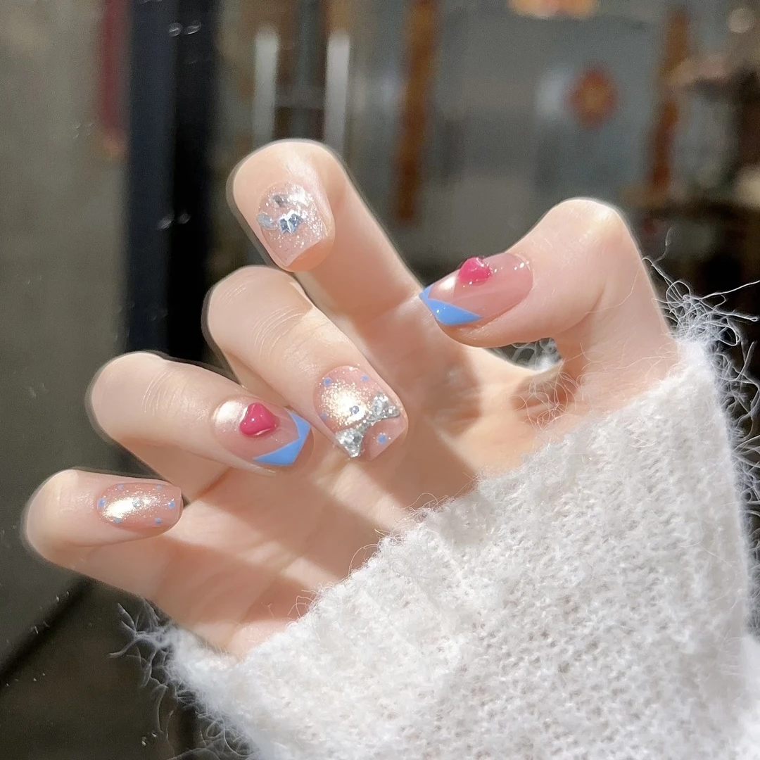 【爱情海】野世穿戴甲  手绘波点蓝色法式玫红爱心拼接 显白美甲