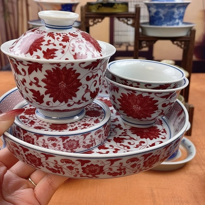陶摆件釉里红缠枝莲五件套