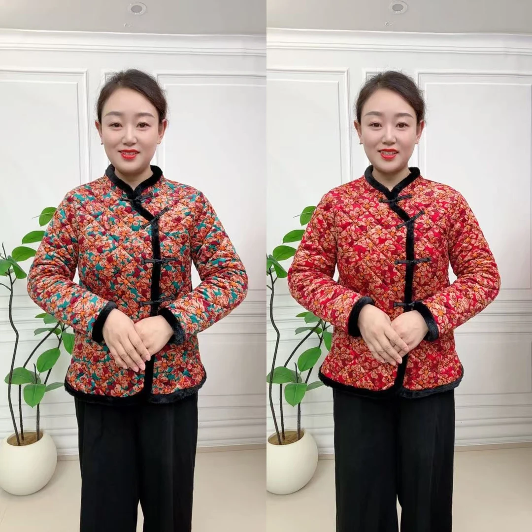 冬季女棉服保暖印花短款厚款碎花棉衣网红盘扣棉袄加厚