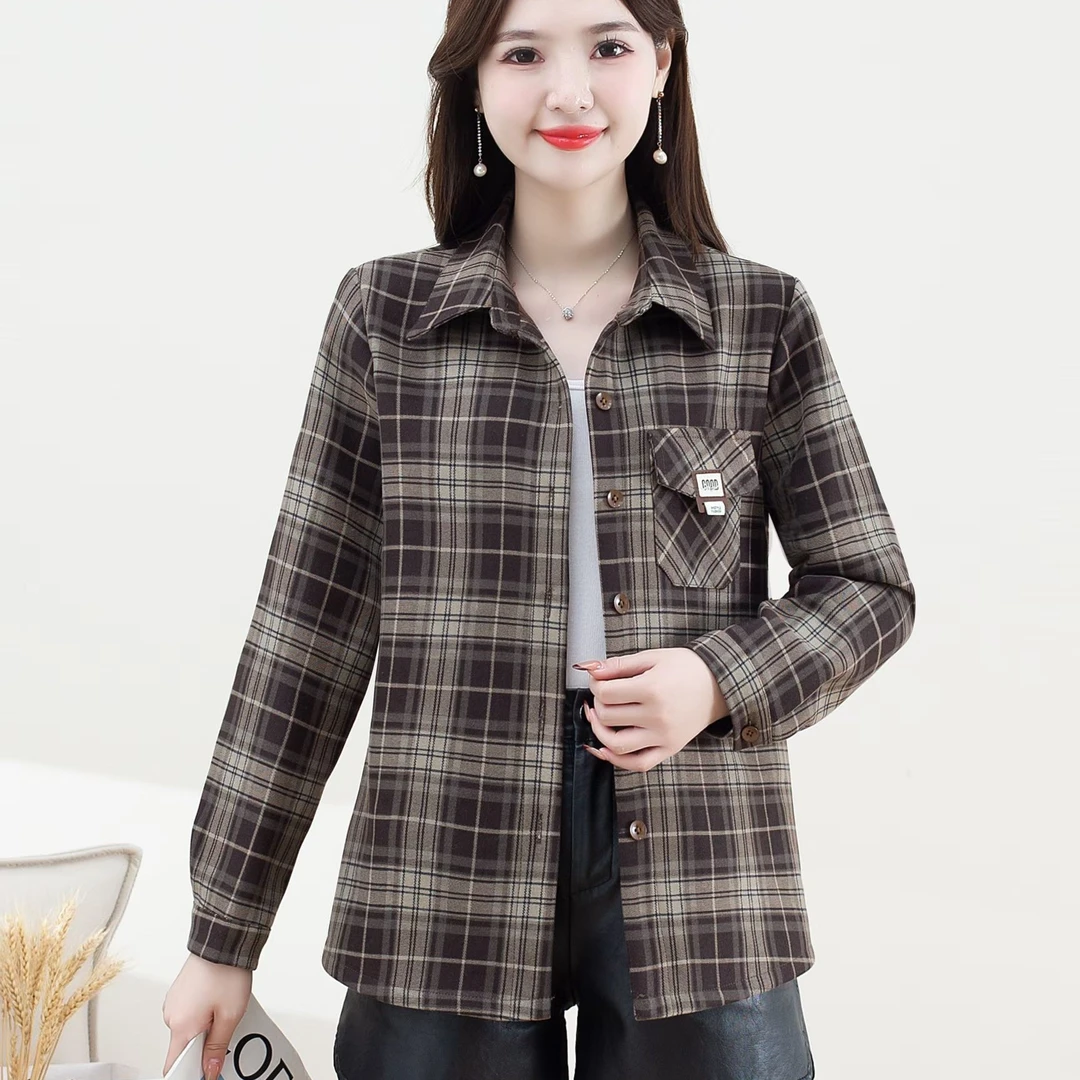 时尚【加绒格子】衬衫女2025秋冬新款减龄显瘦百搭休闲翻领衬衫外套