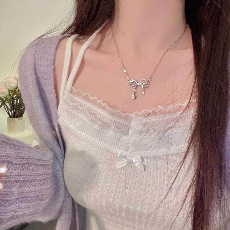 合金锆石项链 精致蝴蝶结项链女夏季小众气质锁骨链简约颈链