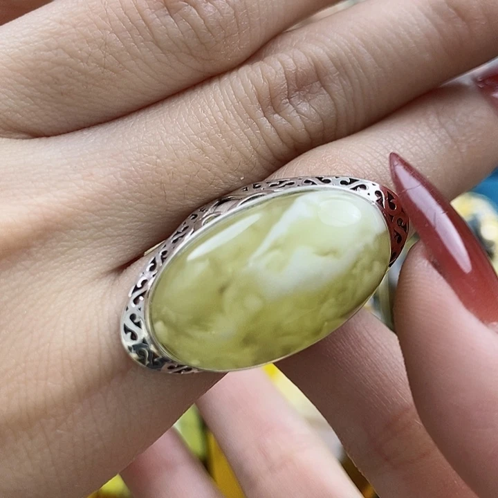 琥珀戒指银S925镶嵌戒指