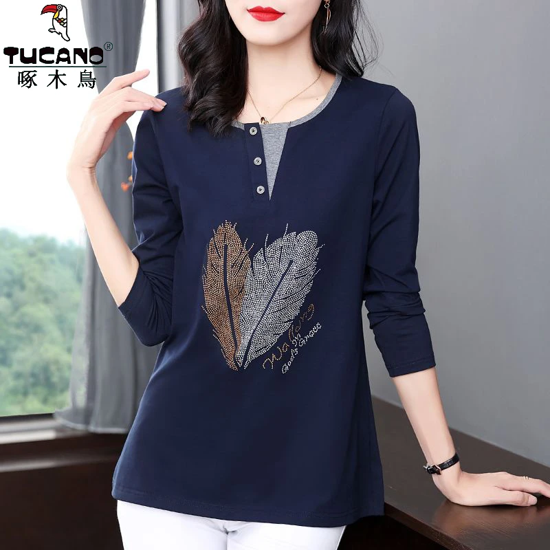 啄木鸟长袖t恤春夏装时尚圆领百搭气质中年妈妈显瘦烫钻打底衫潮