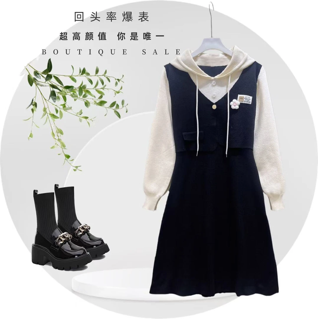 【编码568】运动休闲减龄流苏拼接连帽女款爆款2025新款韩版针织裙