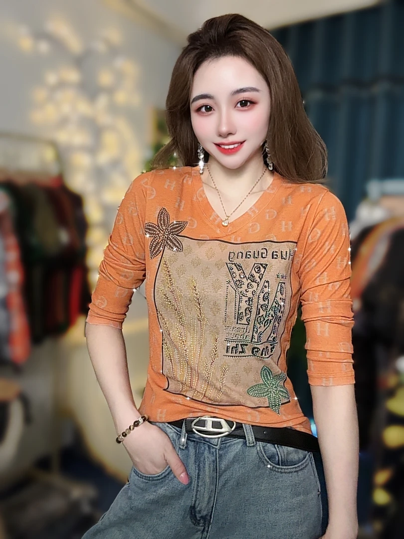 3412【春秋薄款】YN长袖女V领时尚减龄大码女中年妈妈洋气上衣