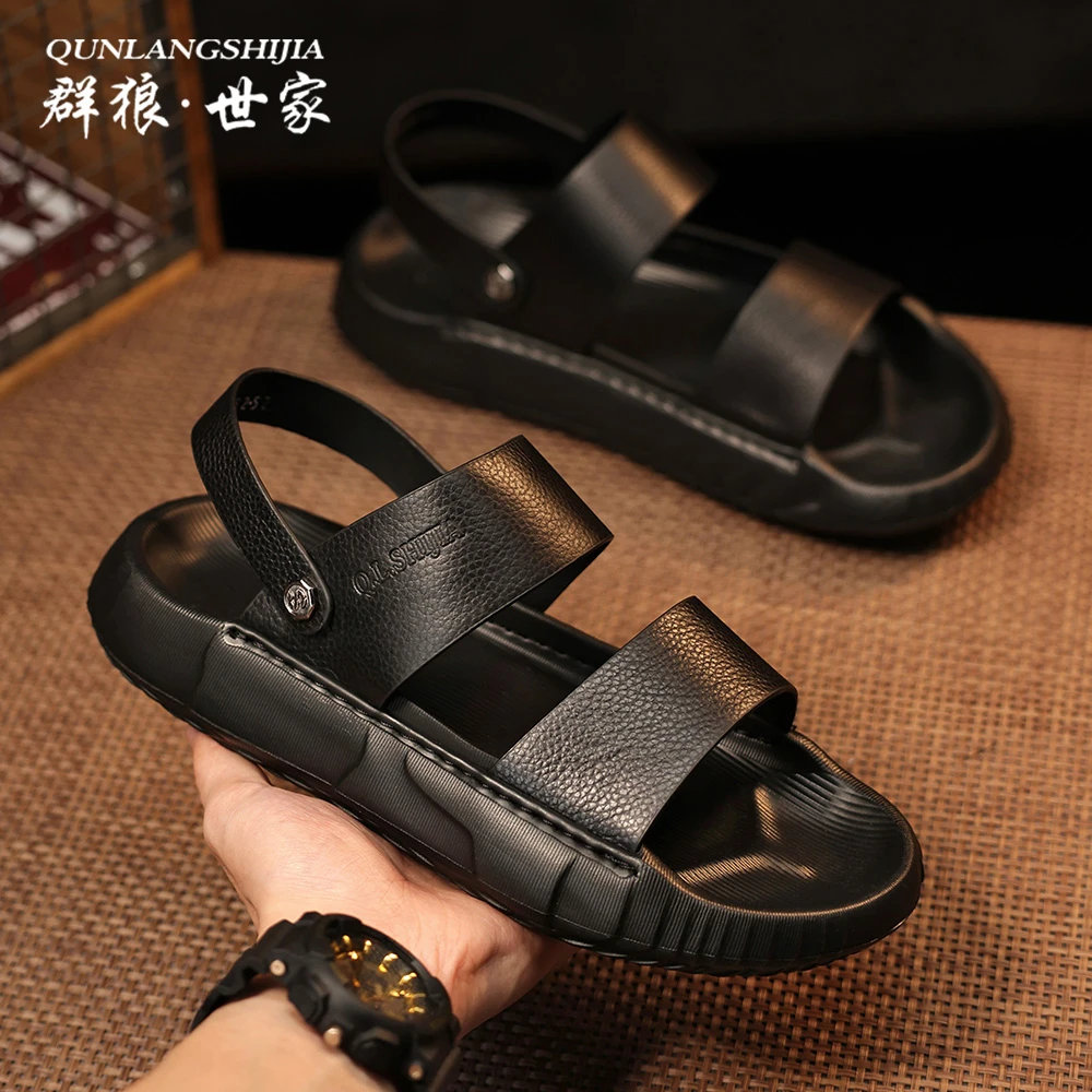 群狼·世家凉鞋男夏季潮流运动休闲沙滩凉拖两用头层牛皮防臭拖鞋