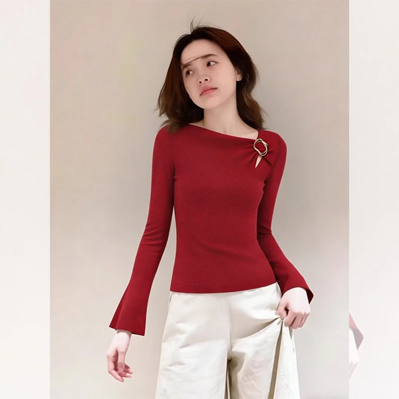 独特漂亮内搭红色打底小衫设计小众衣服洋气高贵针织衫上衣女秋冬