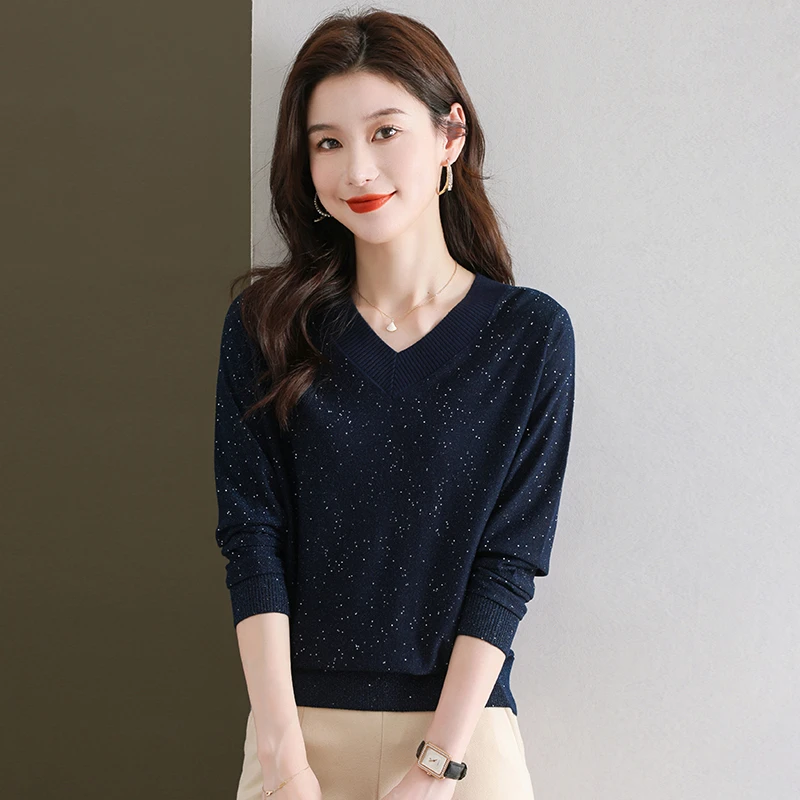 v领纯色亮片长袖针织衫上衣2025秋季新款薄款毛衣宽松大码打底衫