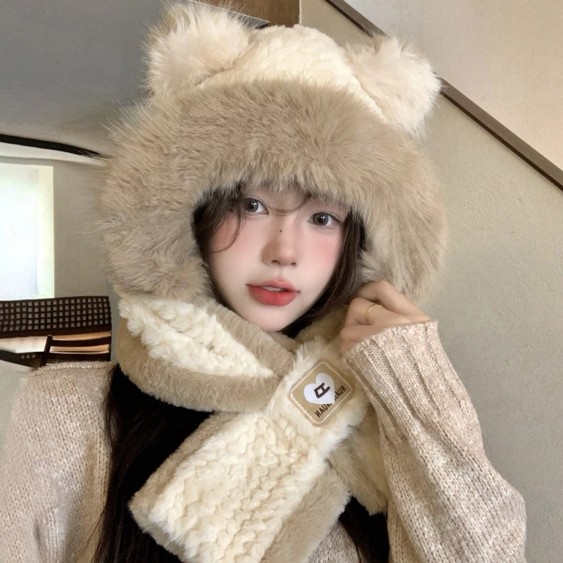 小鹿帽子秋冬女围巾手套一体连帽冬季围脖保暖加绒冬天三件套FLI