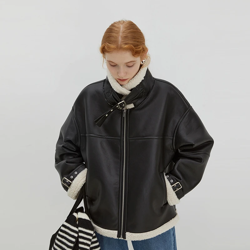 【直播】范洛 冬季外套女加绒加厚时髦宽松设计机车服夹克FD22W136