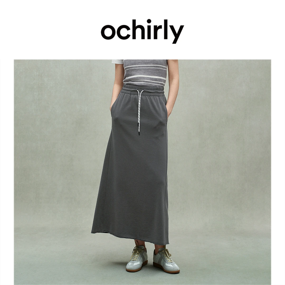 OCHIRLY欧时力 长绒棉a字半身裙抽绳中长款休闲度假裙2025夏新品