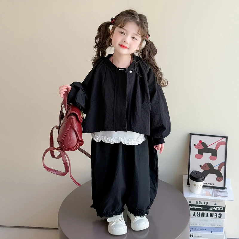 女童新款洋气时髦套装儿童春秋季中小童女宝韩版纯色休闲风三件套