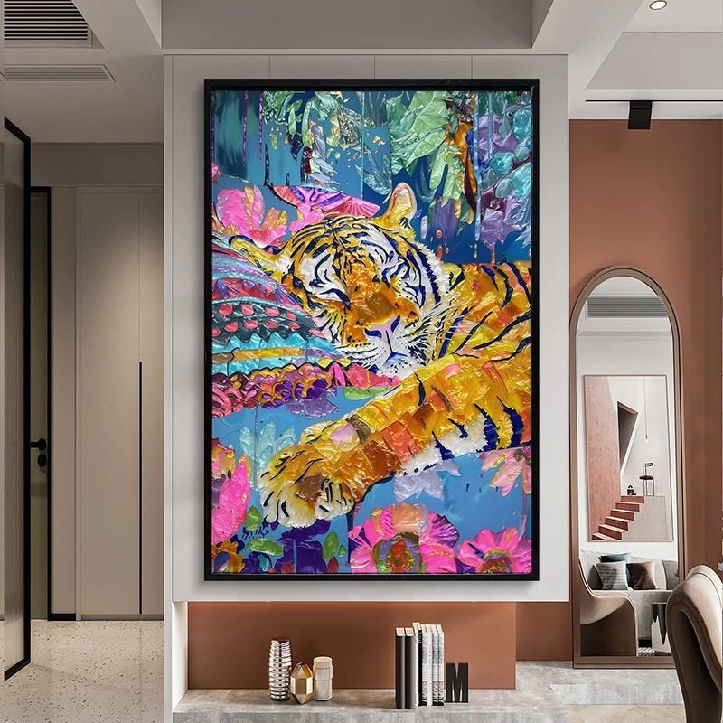 轻奢老虎珐琅彩装饰画现代简约入户玄关画高级艺术走廊样板间壁画
