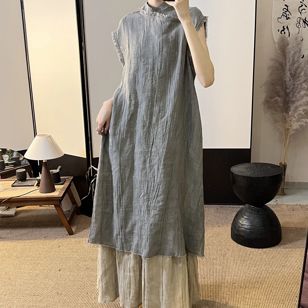 走读生春夏款新中式旗袍裙轻国风褶皱苎麻毛边无袖背心连衣裙女