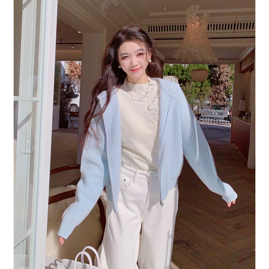 MissLuxury【海盐蓝镜】羊毛羊绒针织开衫毛衣女秋冬连帽外套保暖