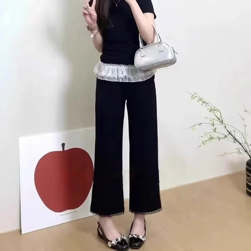 黑色显瘦透气冰感休闲裤女夏季薄款胖mm腿粗藏肉蕾丝边直筒微喇裤