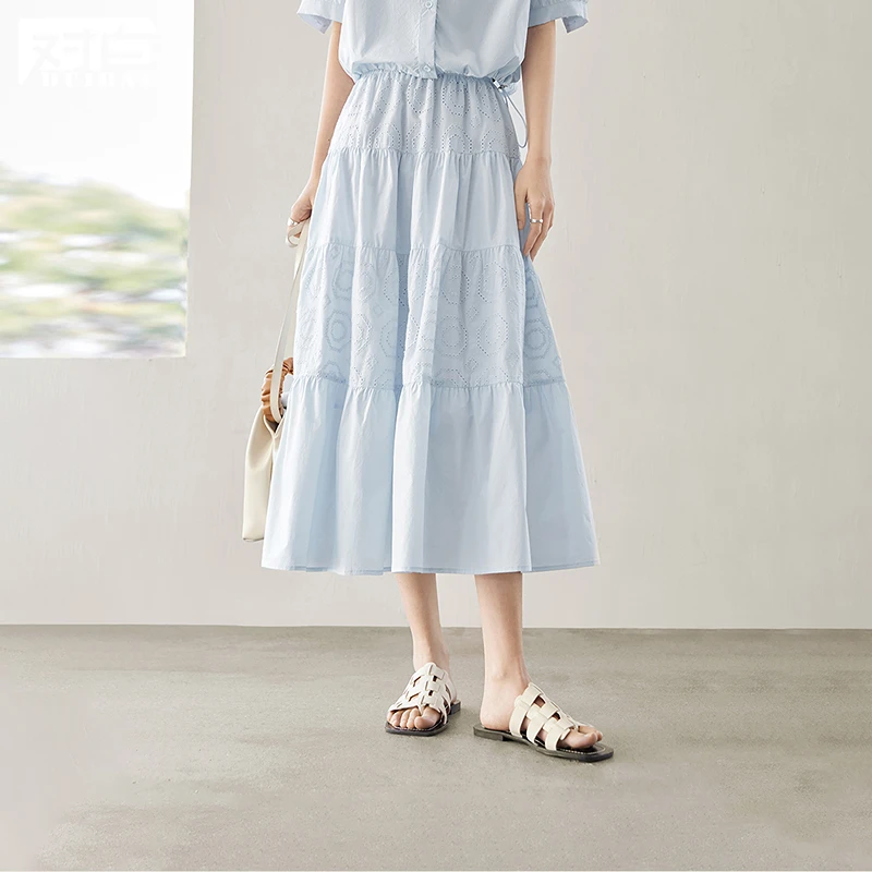 100棉对白欧若风蛋糕裙镂空刺绣半身裙女2025夏新款松紧腰a字裙