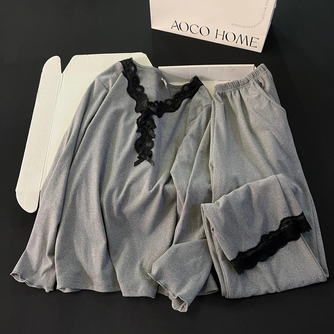 睡衣女春秋季长袖大码德绒2025新款恒温保暖深灰套装可外穿家居服