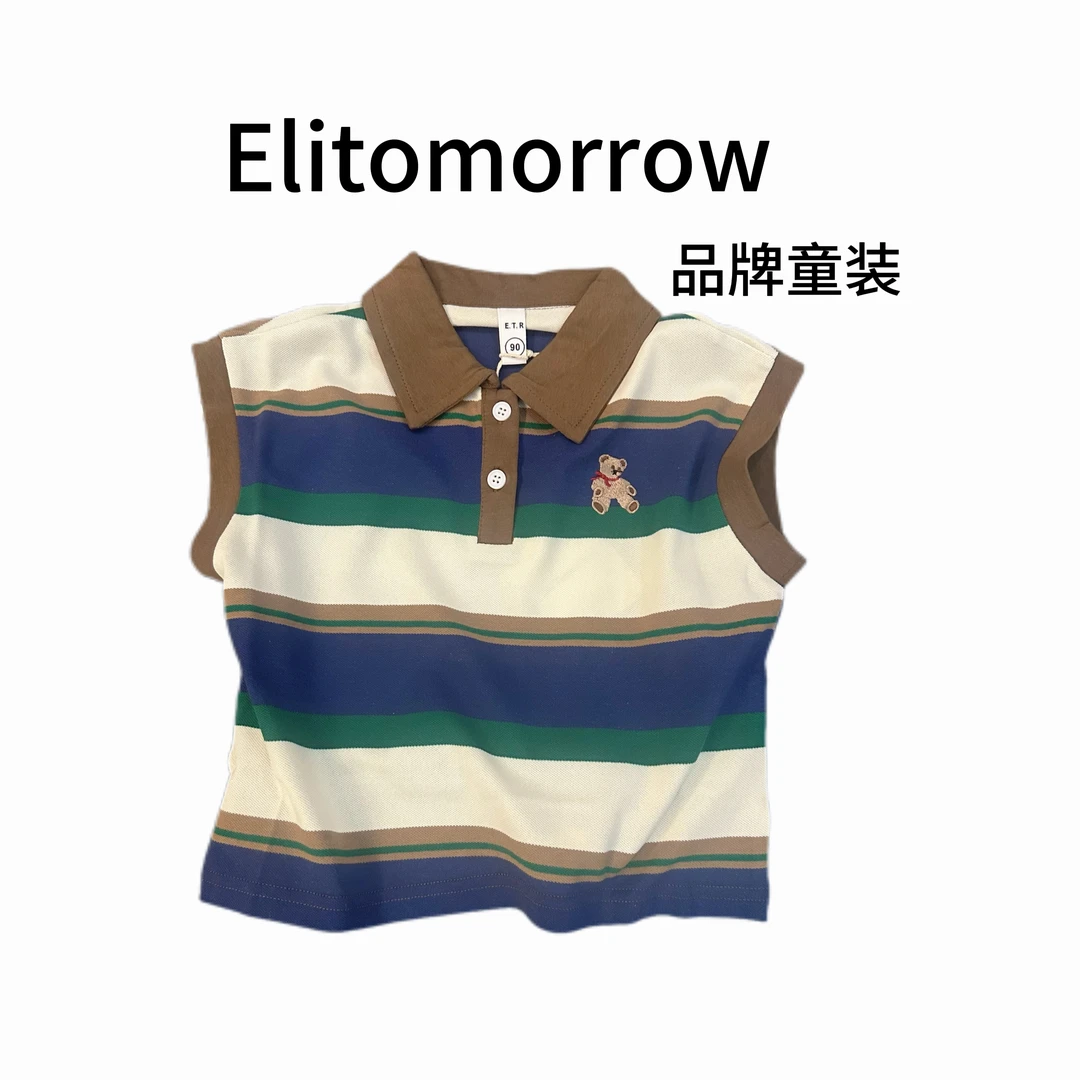 男童夏季T恤儿童韩版时尚休闲复古条纹宽松无袖拼色撞色翻领百搭