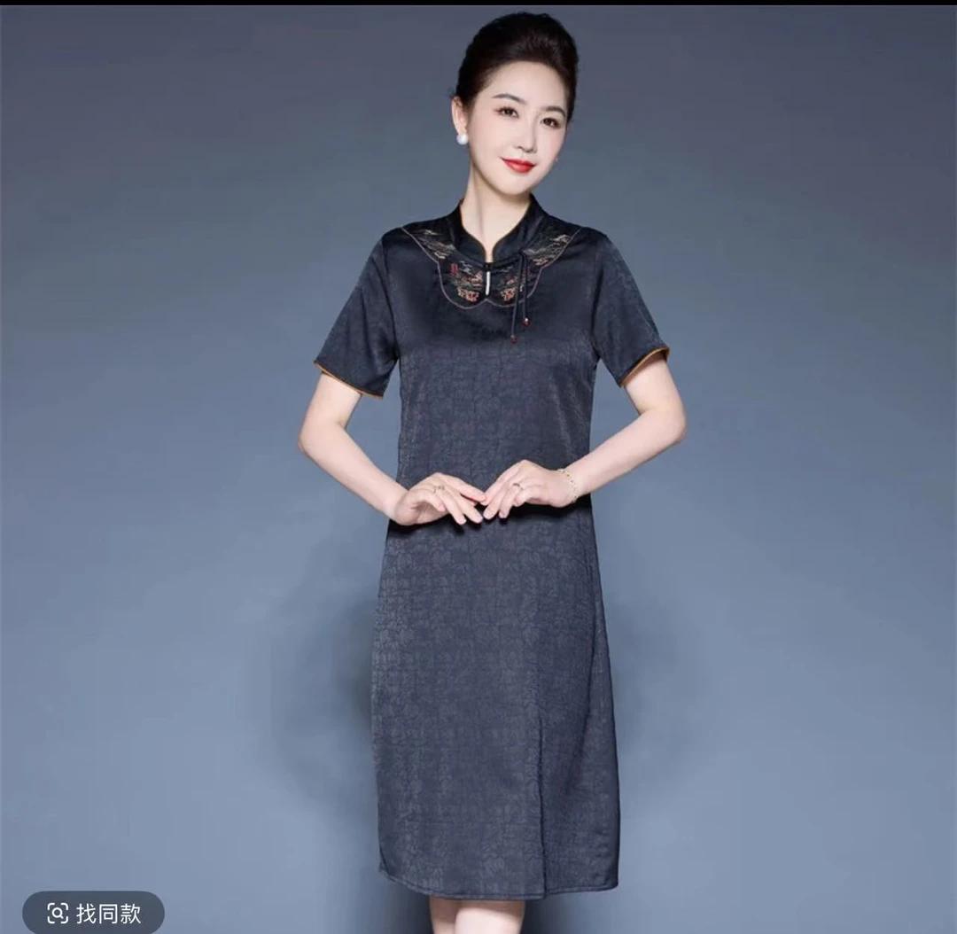 2（黑色流苏）复古中式气质洋气时尚显瘦短袖优雅宽松中长款连衣裙