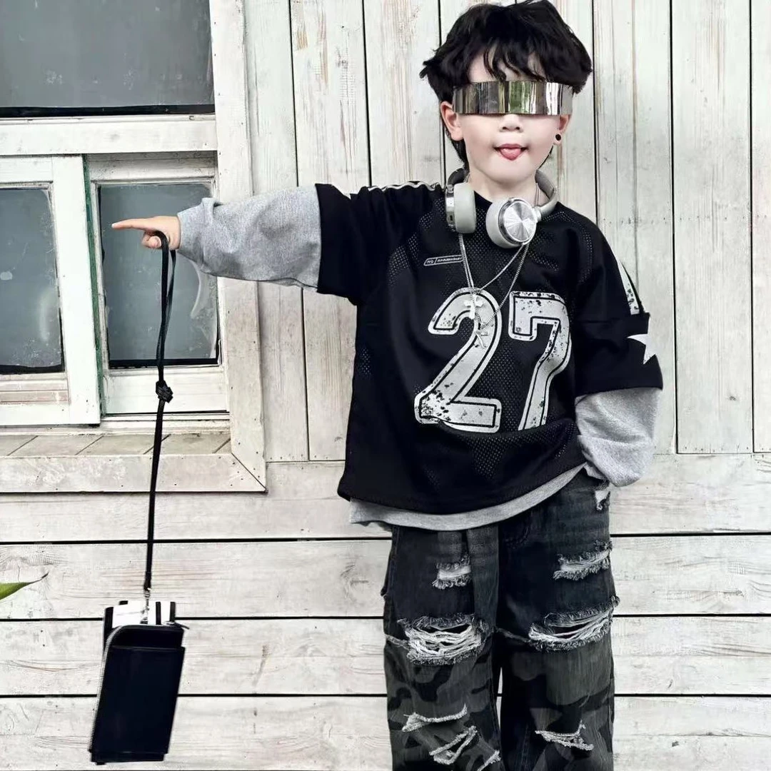 男童2025春季新款儿童韩版圆领拼接印花卫衣儿童迷彩破洞裤套装潮
