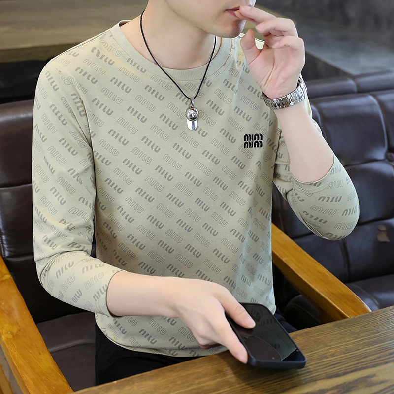秋季新款男士长袖T恤圆领印花时尚百搭休闲上衣高端轻奢男款卫衣