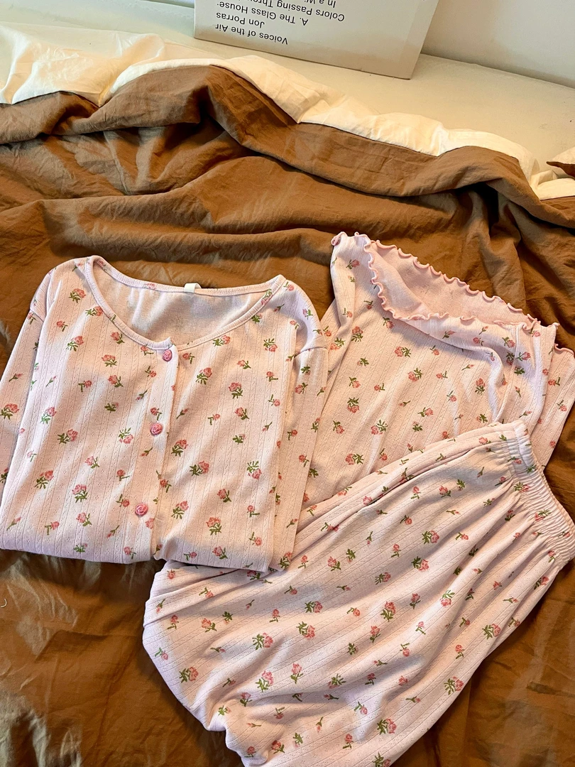 粉嫩减龄碎花软萌开衫睡衣女软糯舒适休闲宽松家居服可外穿两件套
