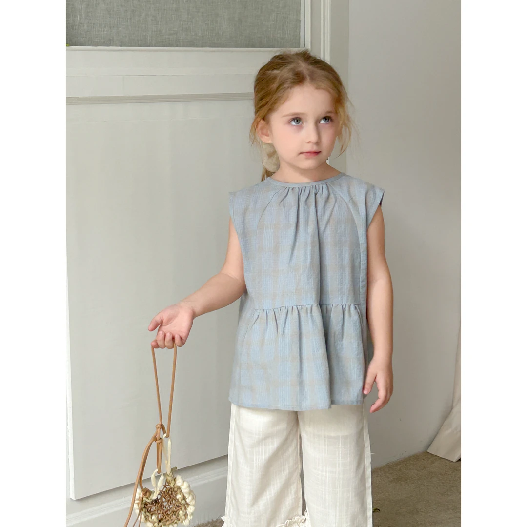 57113楚心然夏季女童新款格子无袖甜美荷叶摆上衣女童洋气衬衫