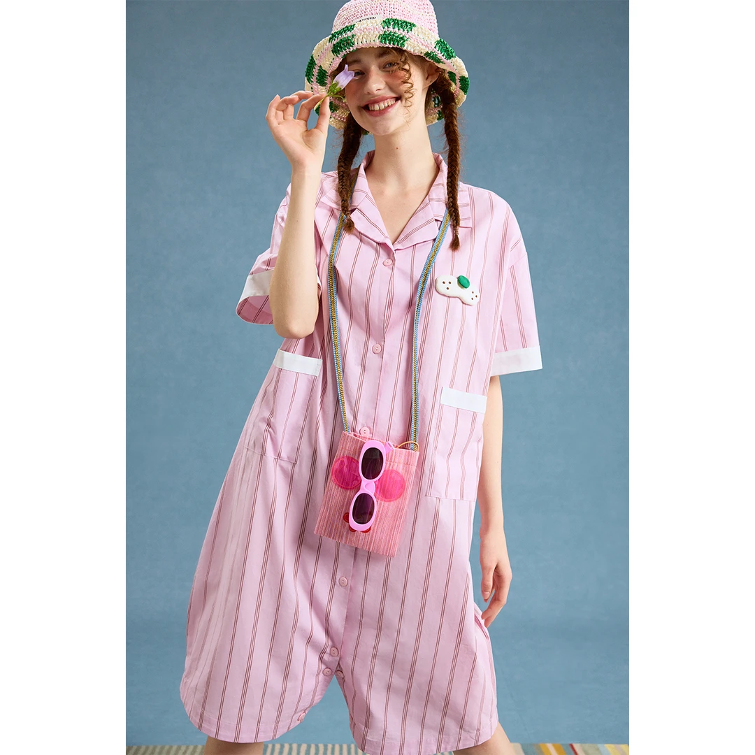 yso【酷猫系列】连体睡衣女春夏睡裙可爱条纹家居服可外穿家居服