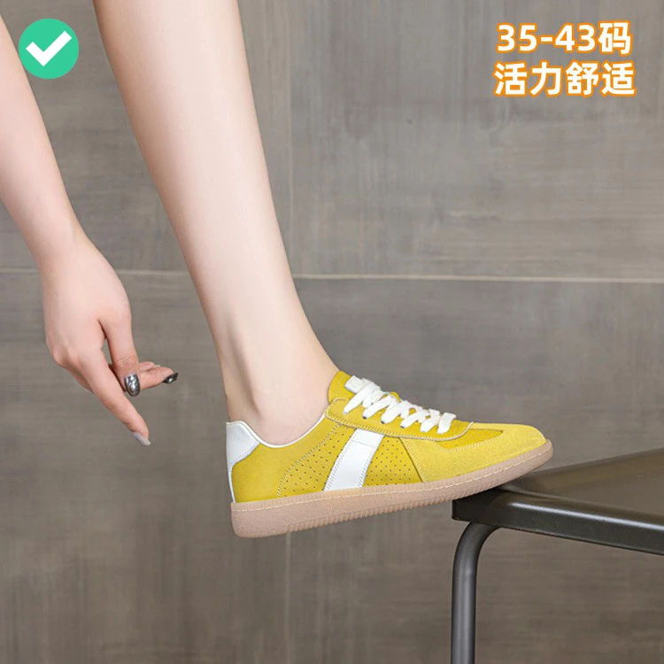 夏季牛皮面镂空板鞋黄色活力舒适德训鞋软底大码小白鞋女41-42-43