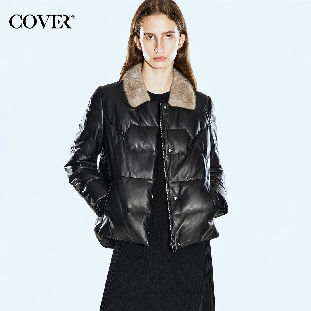 COVERINS冬季水貂领绵羊皮几何绗缝羽绒服