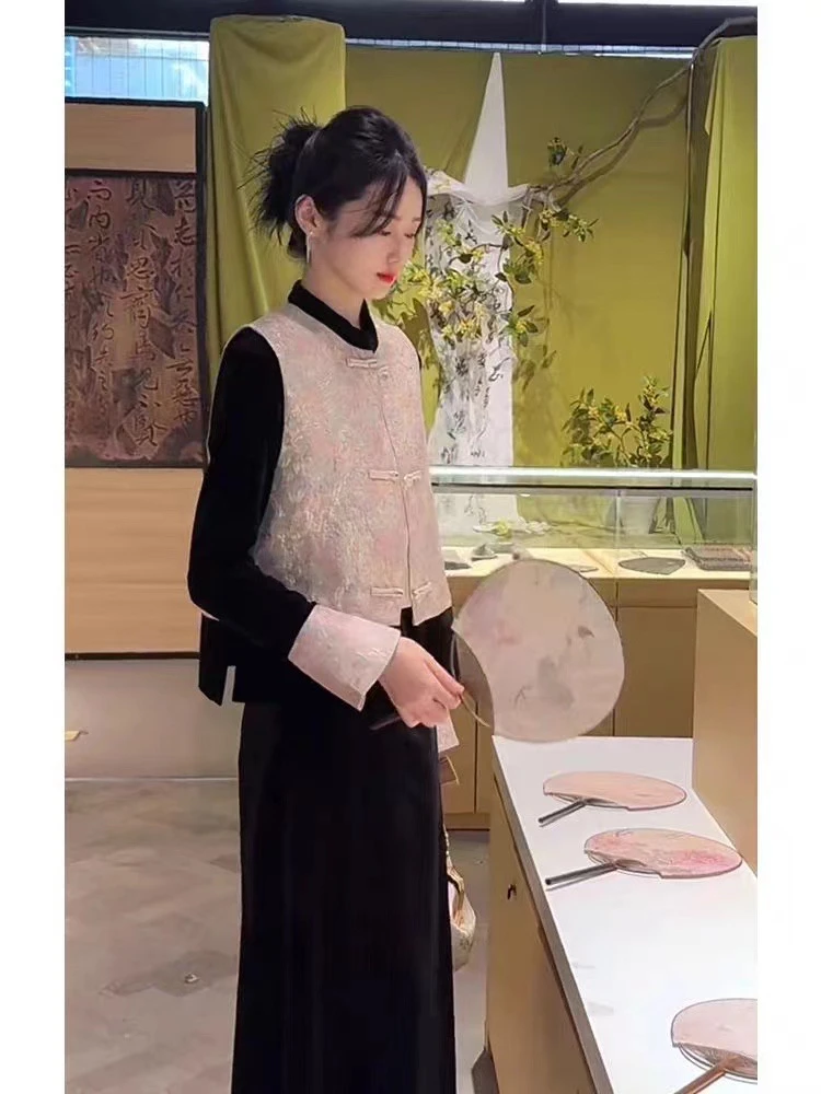 大码新中式丝绒金丝线刺绣国风套装盘扣马甲三件套