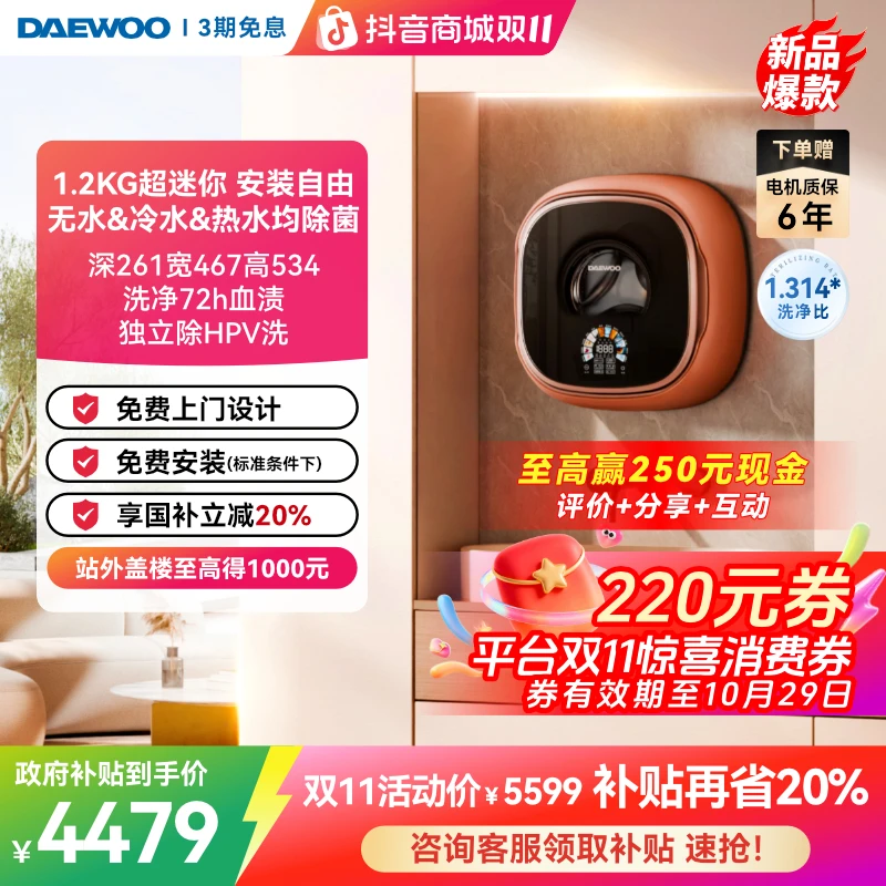 大宇小壁虎1.2kg小型迷你壁挂洗衣机儿童内衣裤洗烘一体BGX12H