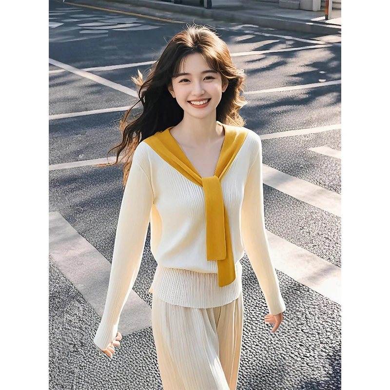 气质披肩慵懒感小众不撞款毛衣2025女装撞色针织衫开春设计感上衣