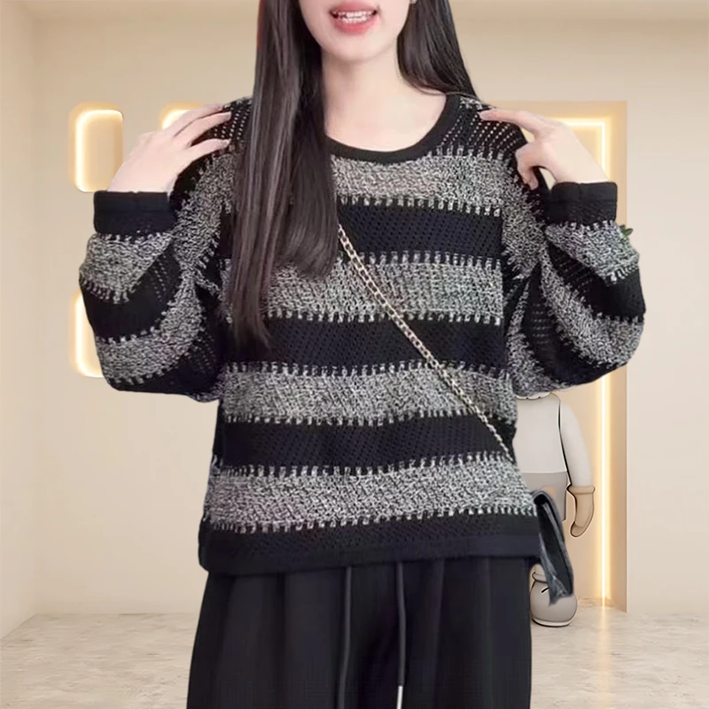 圆领条纹毛衣女款春秋2025新款百搭老钱风女装休闲慵懒风针织上衣