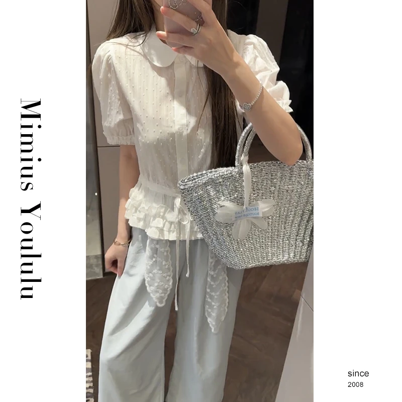 【mimius】P 韩系复古花边娃娃领收腰显瘦压褶花边衬衫 G03496