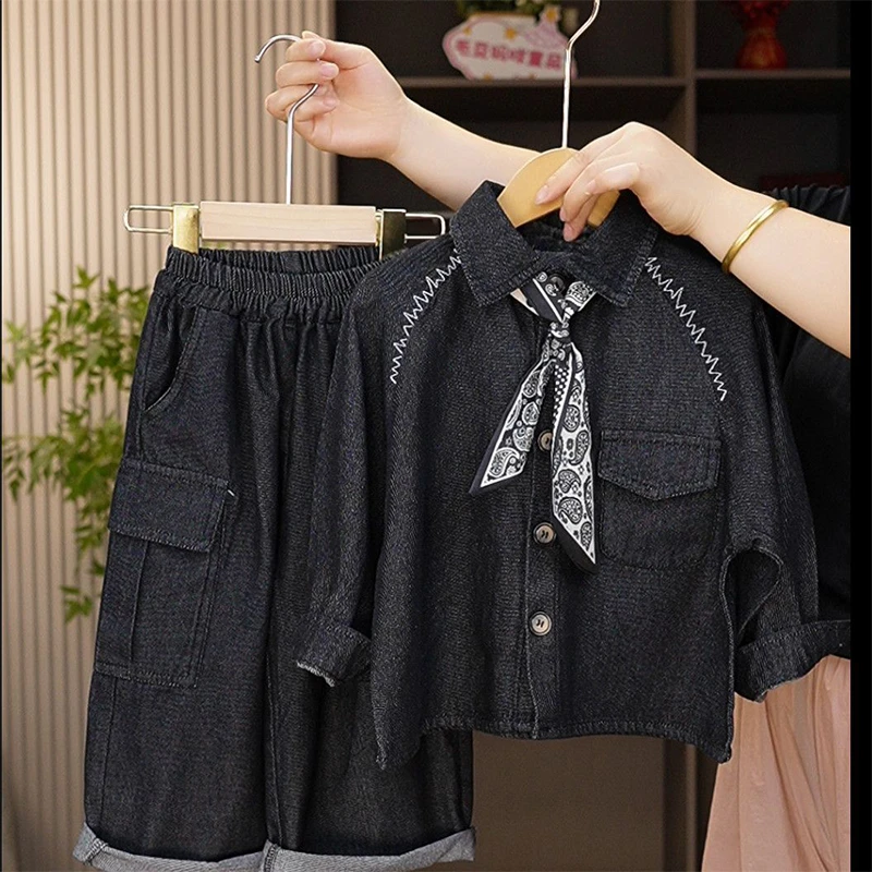 男童牛仔套装2025春秋新款中大童时尚高级韩版衬衫外套潮流两件套