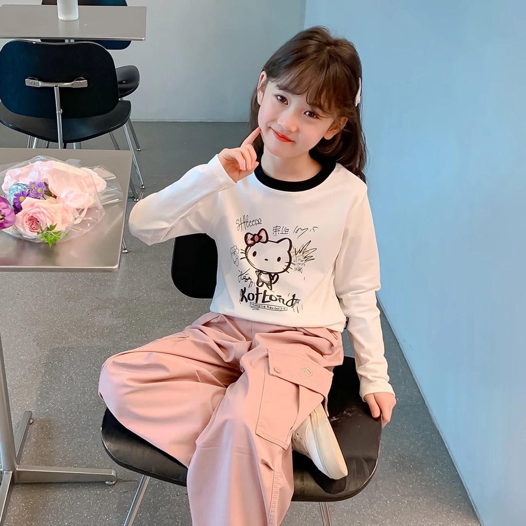 女童秋款T恤2025春秋季新款中大童卡通印花长T恤撞色拼接X12527