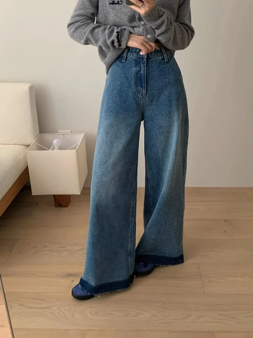 【模特身上】复古阔腿牛仔裤女宽松高腰美式垂感新款2024显瘦拖地裤