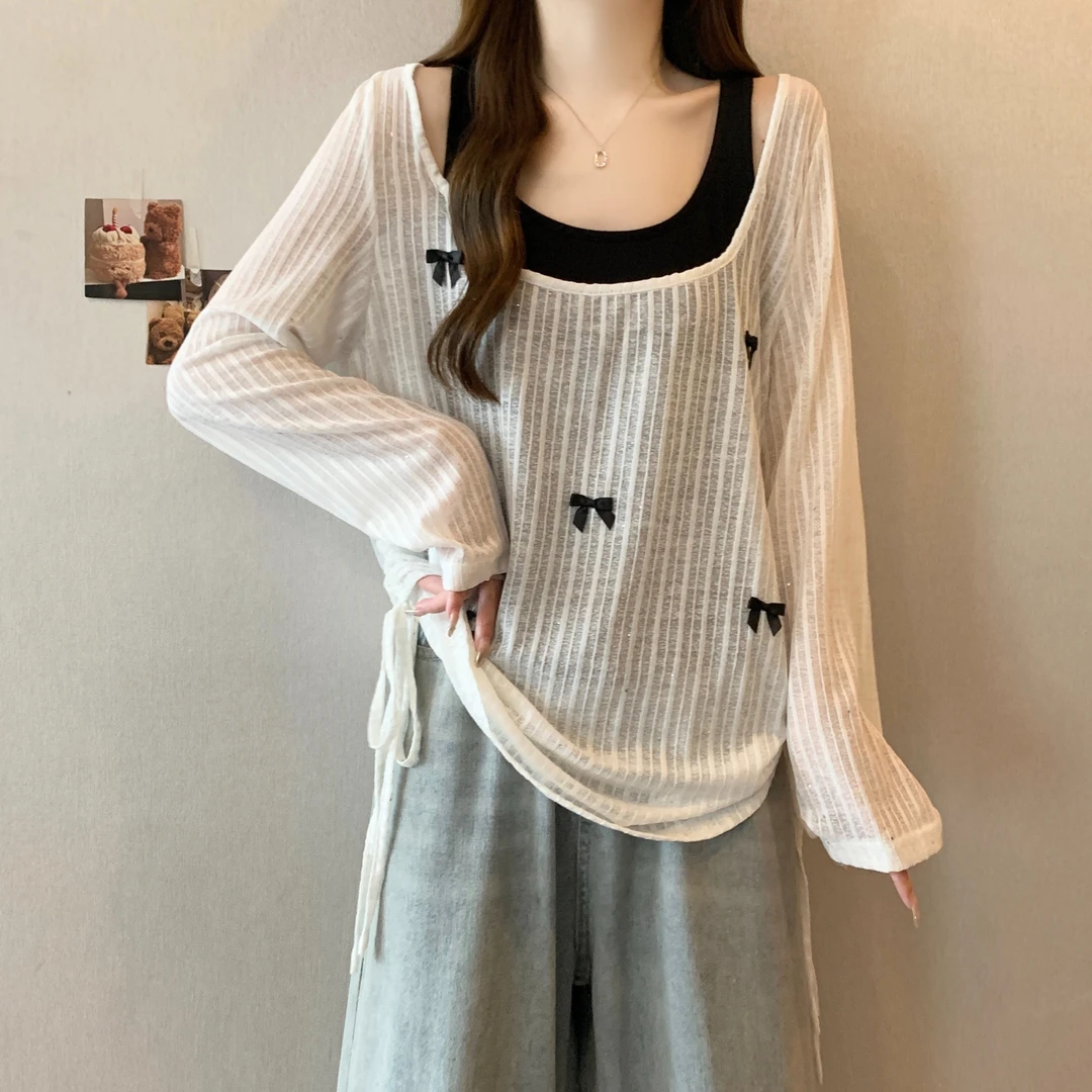 大码女装设计感假两件防晒长袖针织衫女胖mm显瘦遮肉百搭慵懒上衣
