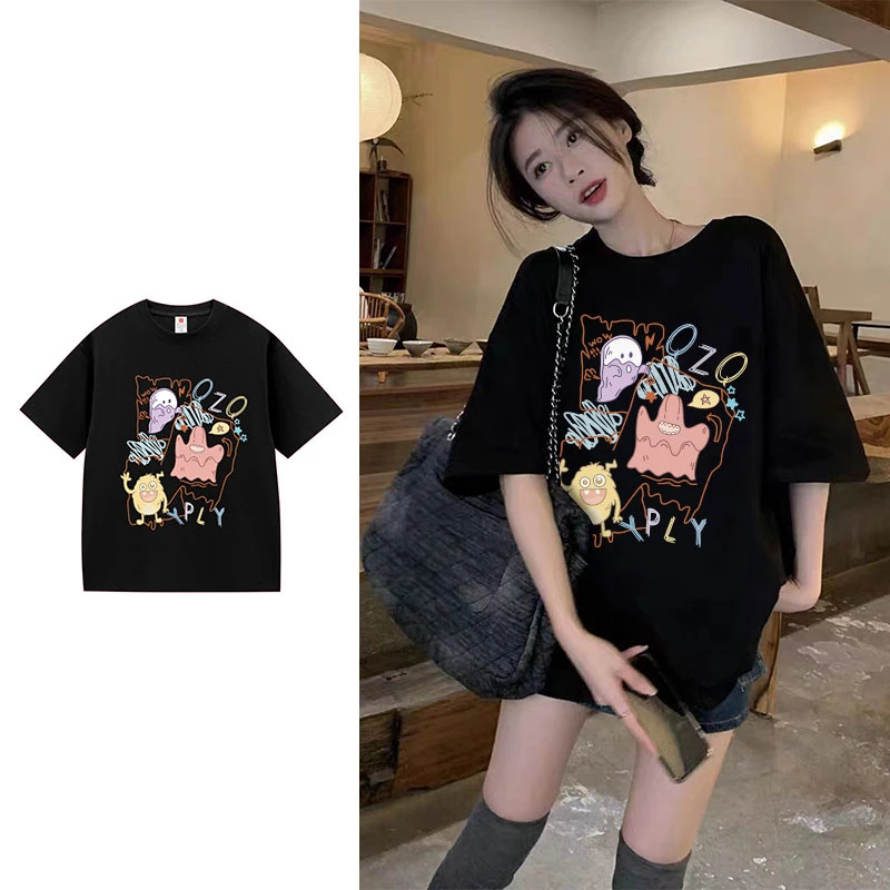 短袖t恤女夏季新款宽松圆领显瘦oversize印花小众纯棉半袖上衣657