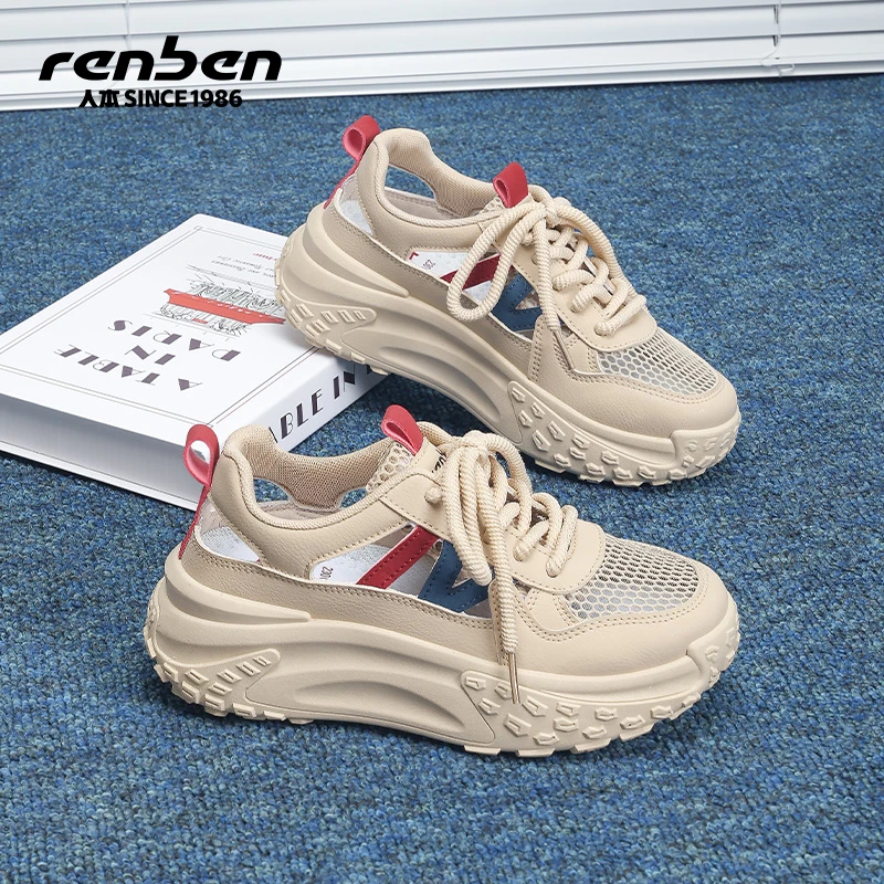 人本官方旗舰店厚底增高ins时尚休闲鞋艺术鞋透气网面ol韩版镂空