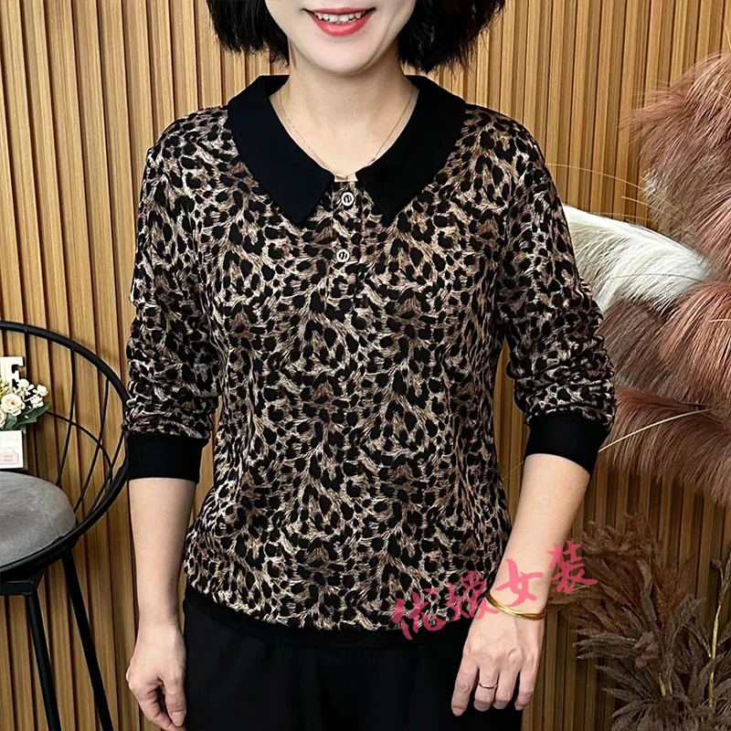 妈妈装秋季时尚娃娃领豹纹宽松显瘦遮肚洋气中老年女装长袖上衣