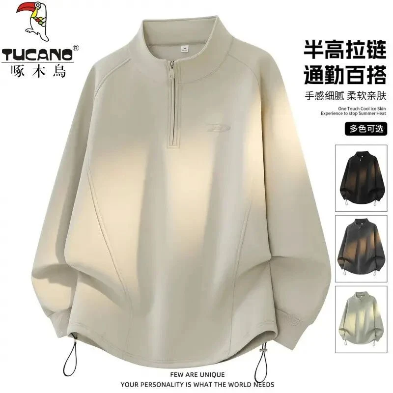 啄木鳥半开衫拉链卫衣男士秋冬季美式刺绣潮牌拼接重磅立领上衣服