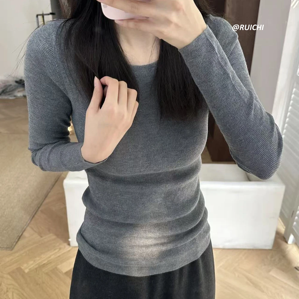 简约纯色温柔修身针织打底衫女显瘦百搭内搭正肩长袖打底上衣