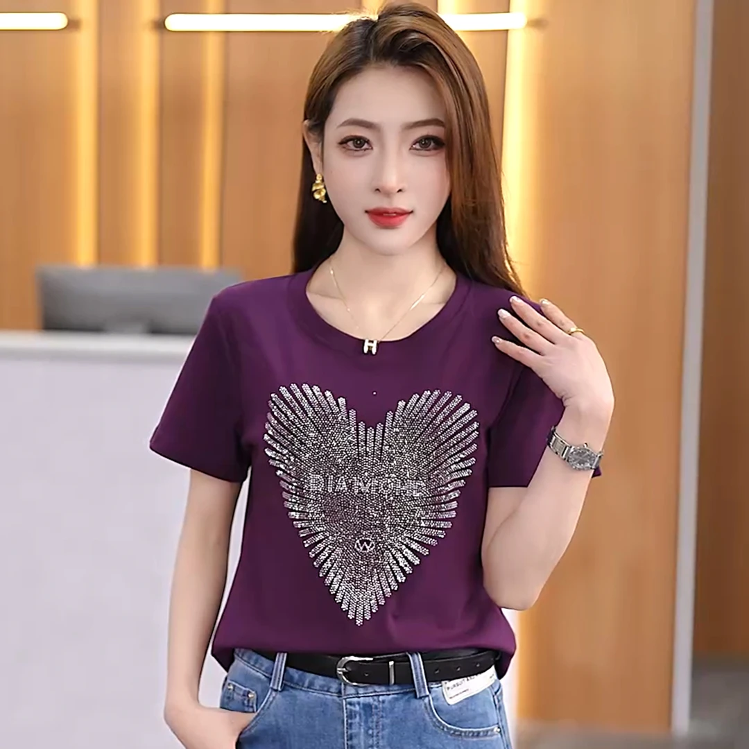 2025夏季设计感烫钻洋气百搭修身显瘦短袖女圆领T恤时尚妈妈上衣