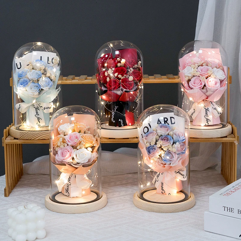 生日礼物惊喜情人节礼品仿真香皂玫瑰花束玻璃罩摆件毛线花束成品