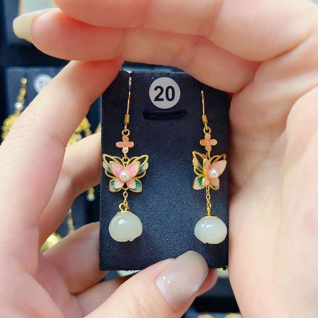 和田玉银S925镀金镶嵌耳饰